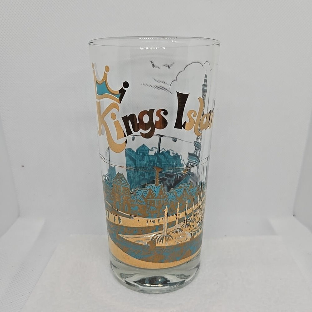 Vintage Kings Island Tumbler Teal Gold Roller Coaster Eiffel Tower Pint Glass